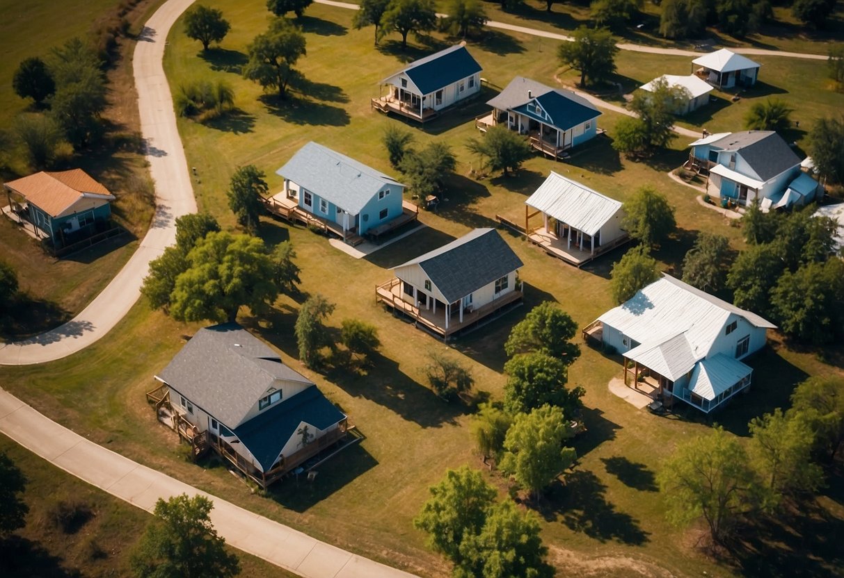 Aerial view of Texas tiny home communities with available land for sale. Trees, roads, and small houses visible