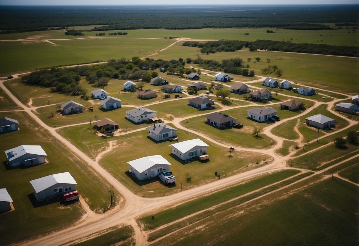 Aerial view of Texas landscape with clustered tiny homes and open land for sale