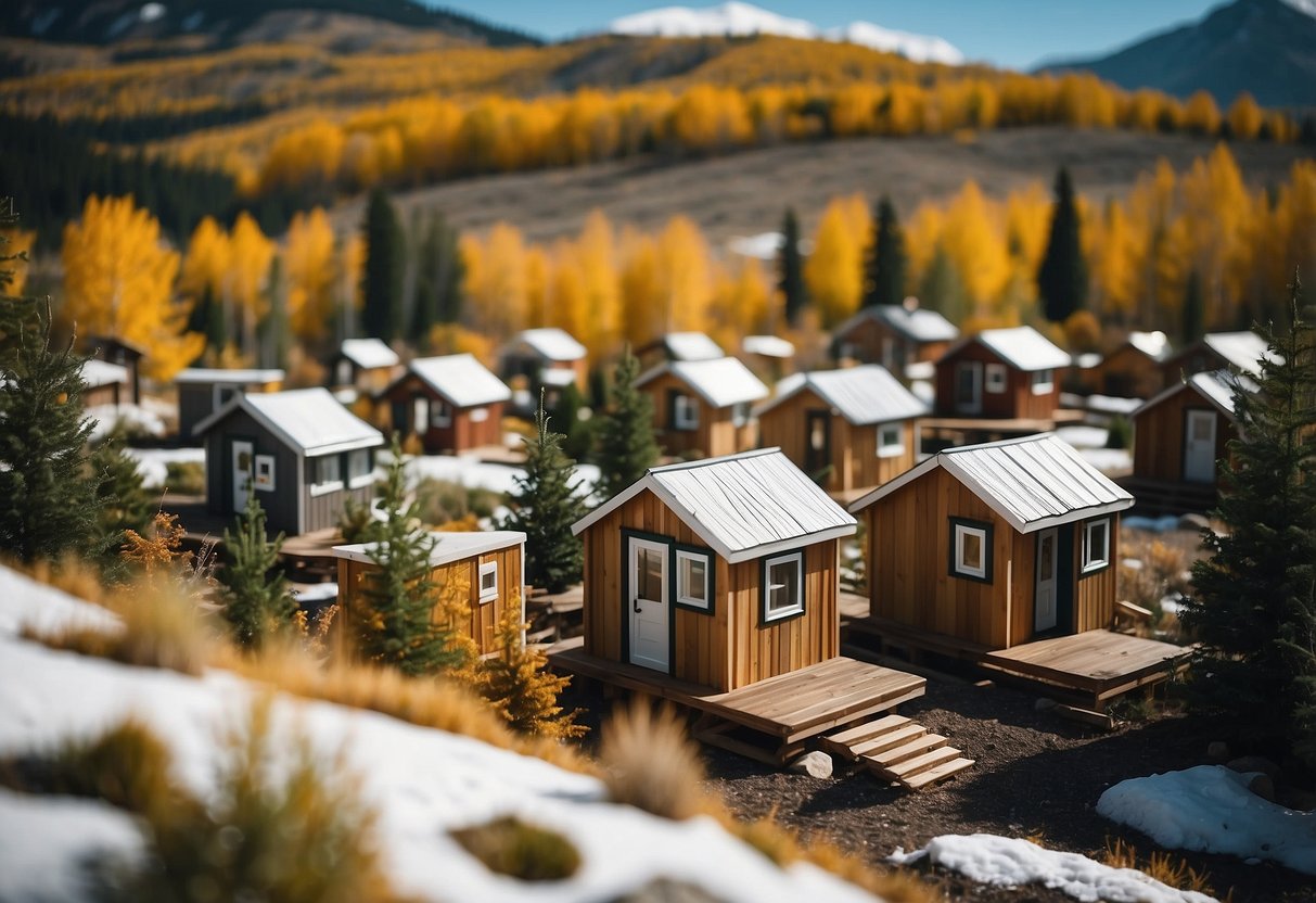 A cluster of tiny homes nestled in a scenic Colorado landscape, surrounded by lush greenery and snow-capped mountains in the distance