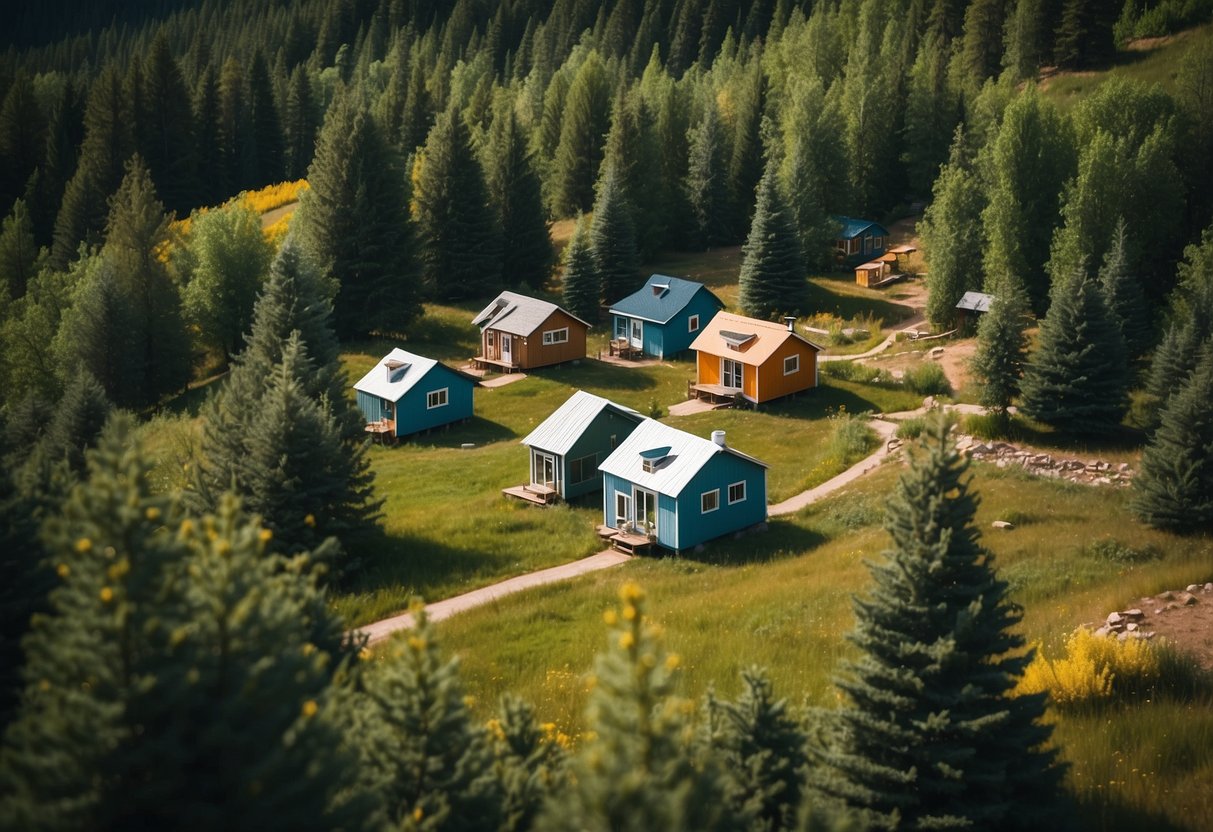 Aerial view of colorful tiny homes nestled among lush greenery in a serene Colorado landscape