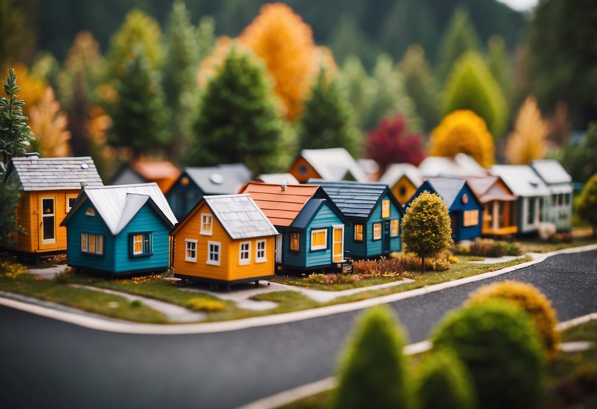 A cluster of colorful tiny homes nestled among trees in a vibrant community setting