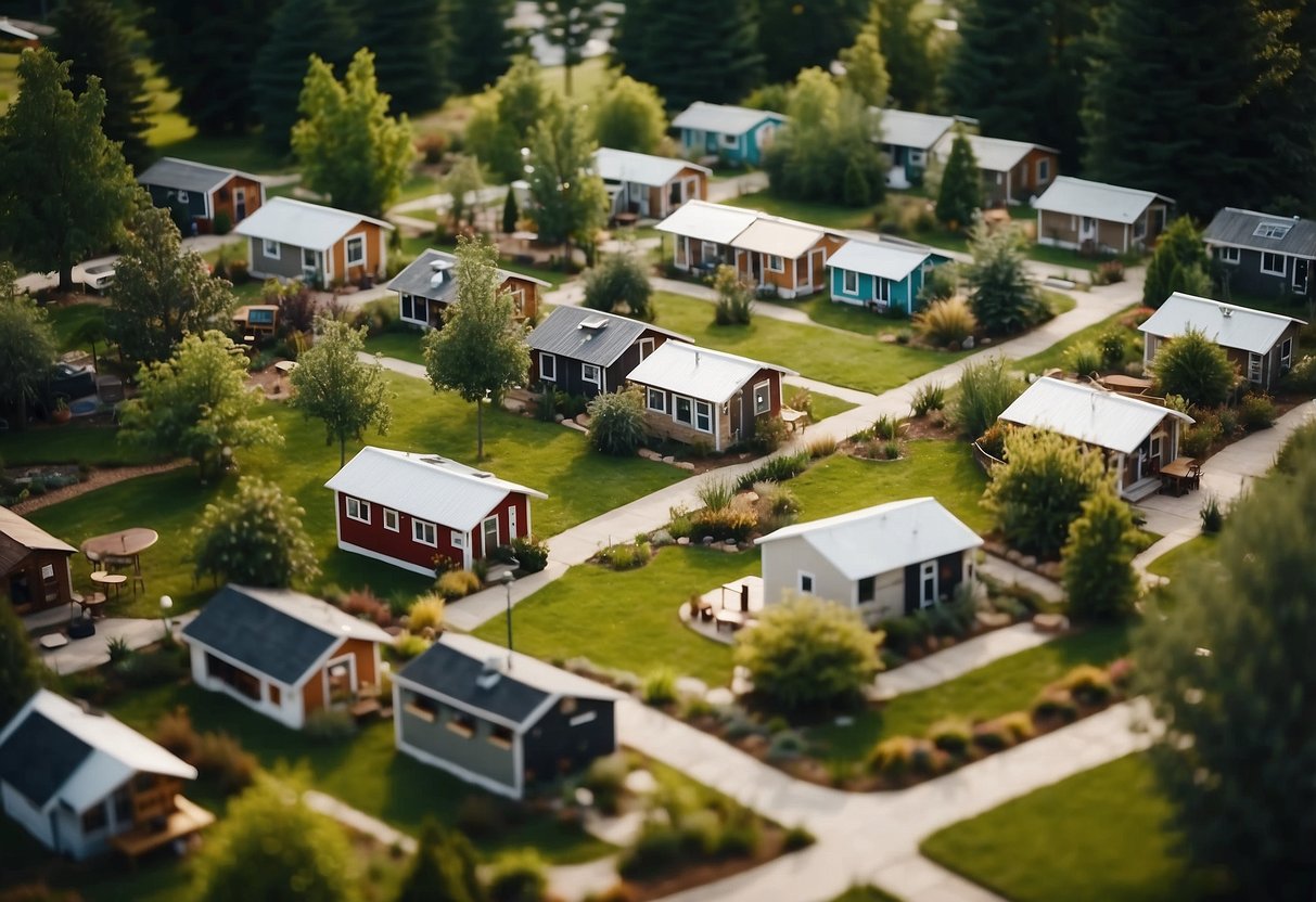 Aerial view of diverse tiny homes in a community setting, surrounded by green space and communal areas