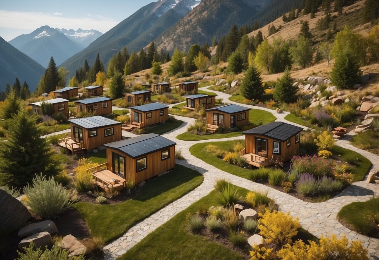 A cluster of tiny homes in a natural setting, with winding pathways connecting them. Community garden and gathering area in the center. Mountain backdrop