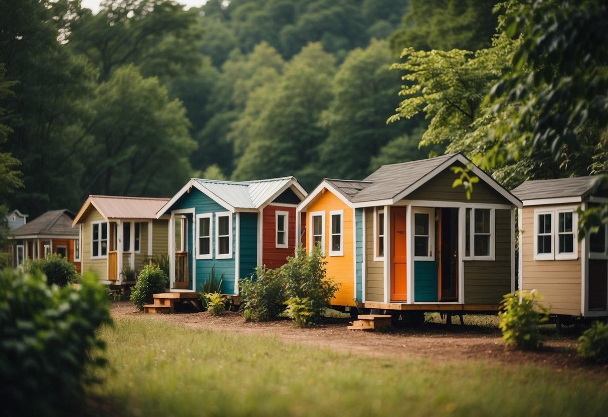 A cluster of colorful tiny homes nestled among lush green trees in a Chattanooga, TN community