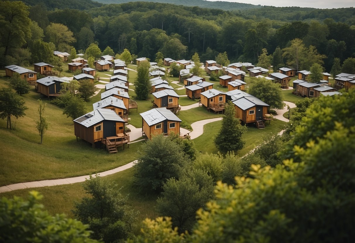 Aerial view of clustered tiny homes in Chattanooga, nestled among lush greenery with communal spaces and walking paths