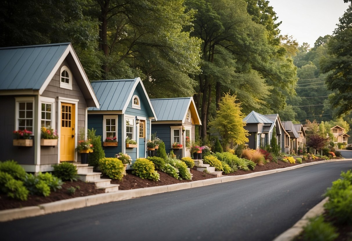 A cluster of tiny homes nestled among lush greenery in Chattanooga, TN. A winding path leads to each uniquely designed home, creating a cozy and inviting community atmosphere