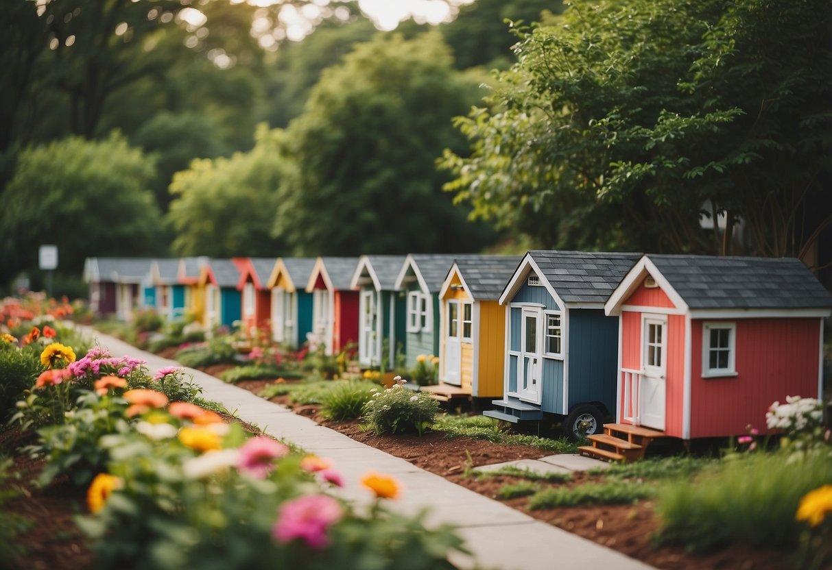 A row of colorful tiny homes nestled among lush greenery, with community gardens and a central gathering area in a serene Chattanooga neighborhood