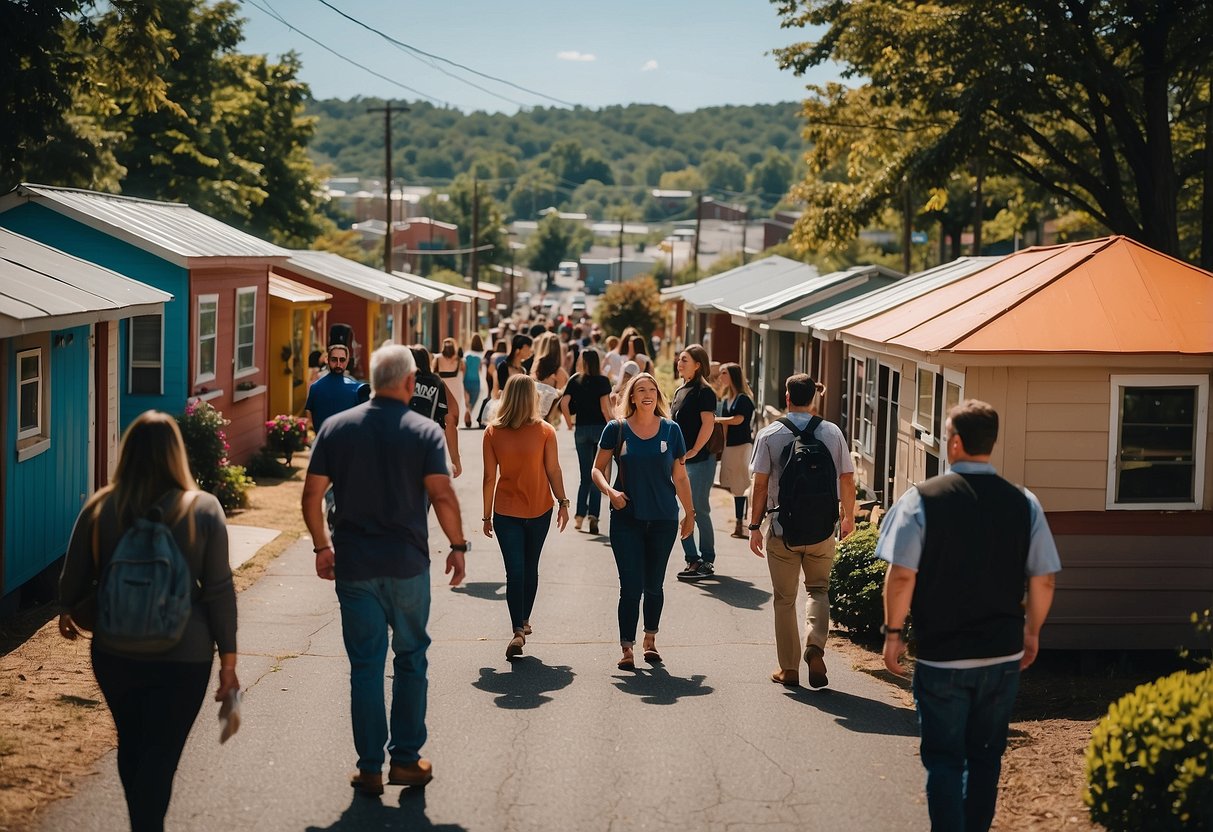 A bustling scene in Chattanooga, TN, with people buying and investing in tiny homes in a vibrant community setting