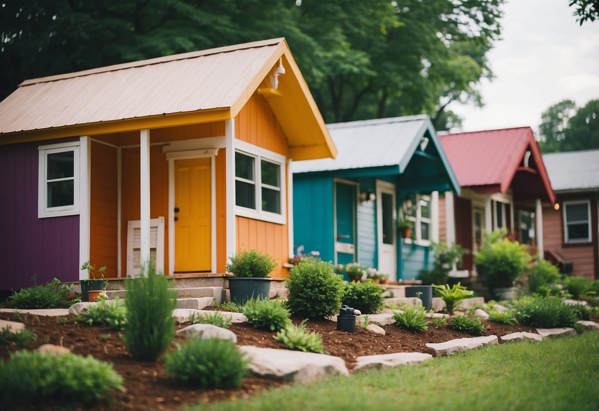 A bustling tiny home community in Chattanooga, TN, with colorful houses, green spaces, and residents chatting and walking around