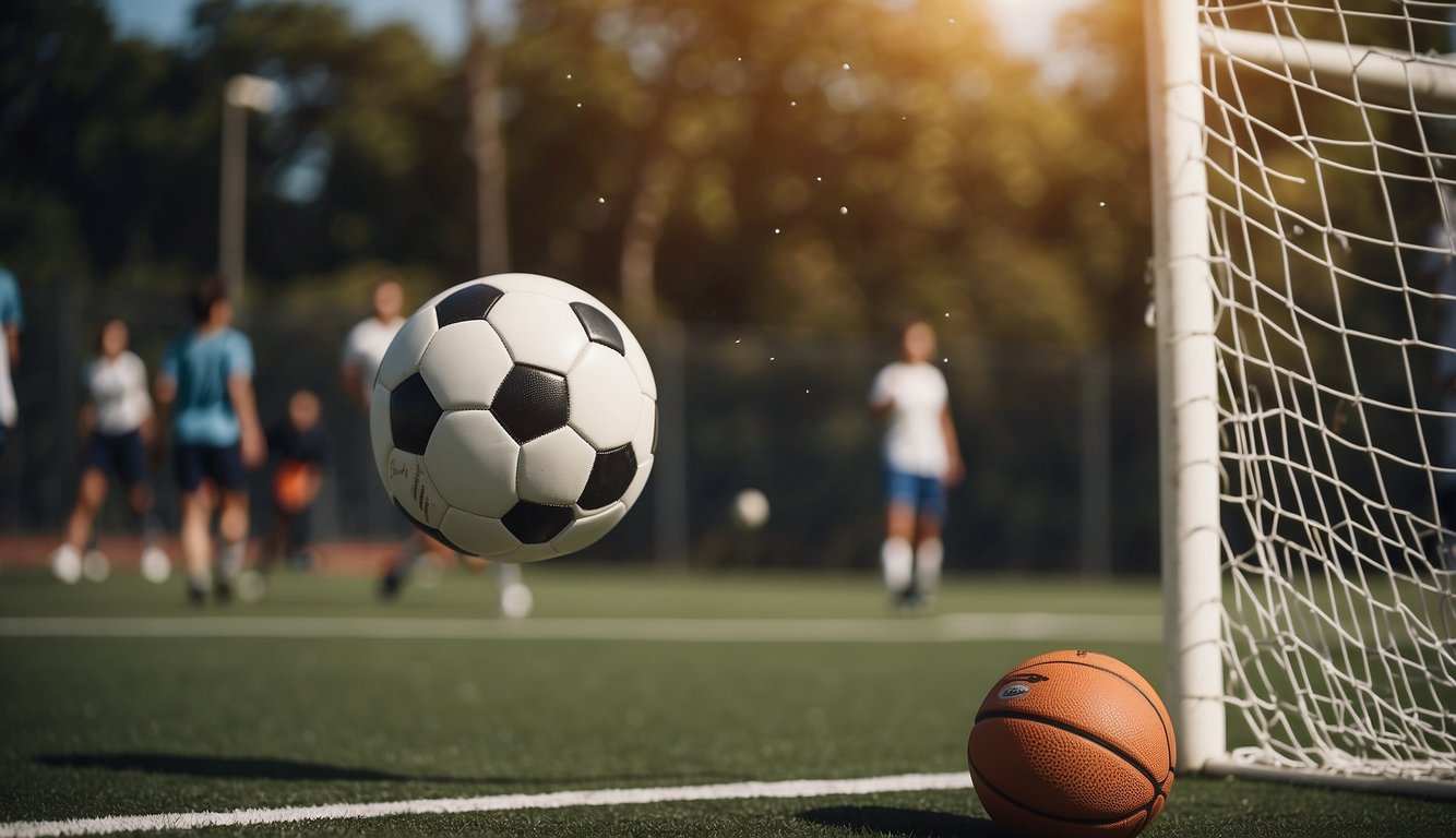 A soccer ball soaring through the air, a basketball swishing through the net, and a tennis racket striking the ball with precision