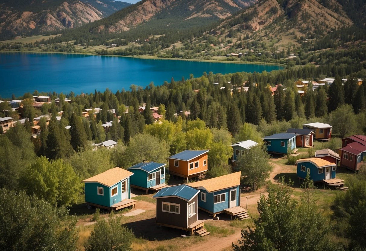 A cluster of colorful tiny homes nestled among the lush greenery of Durango, Colorado, with a backdrop of towering mountains and a clear blue sky