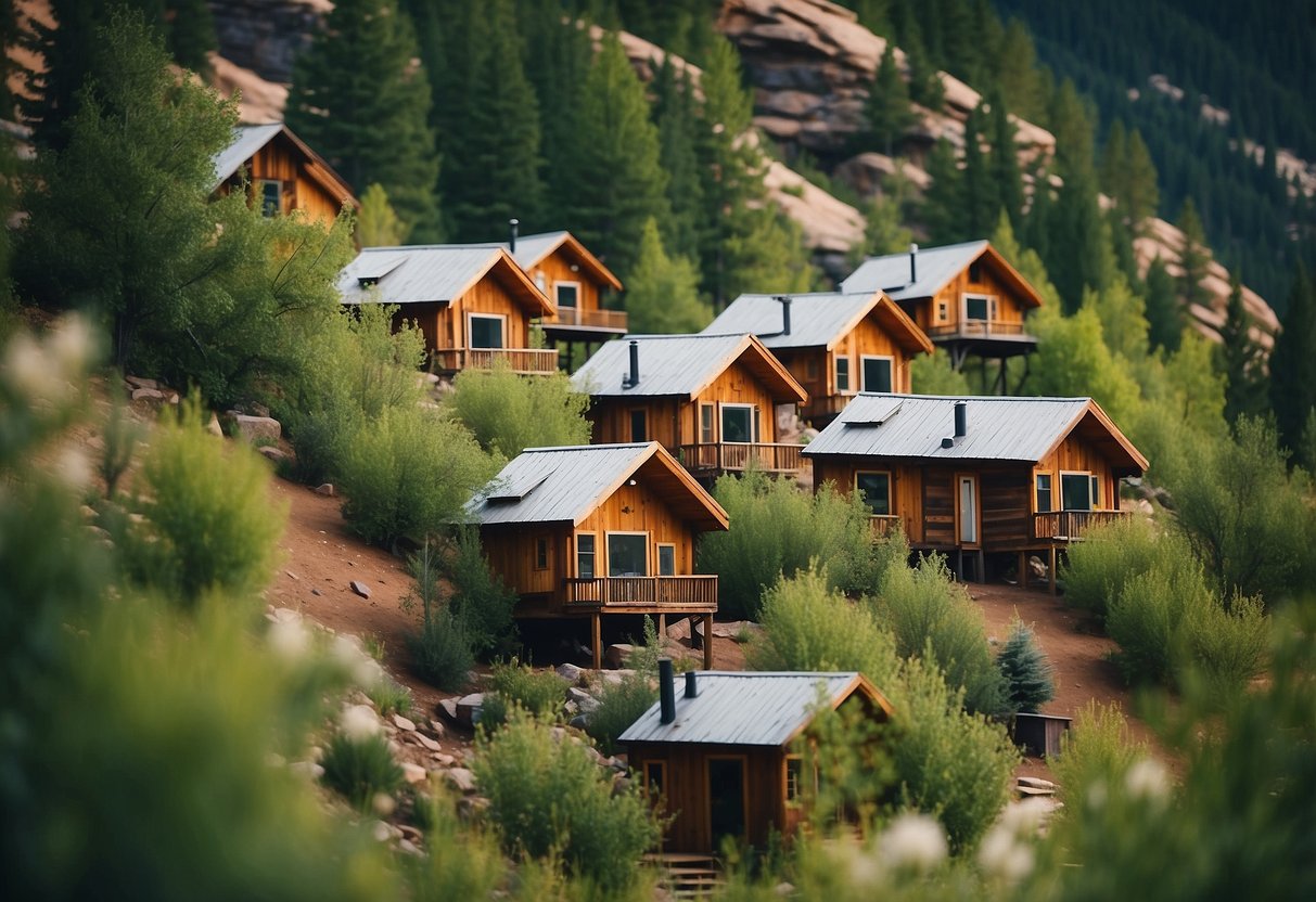 A cluster of tiny homes nestled among the picturesque mountains of Durango, Colorado, surrounded by lush greenery and a tranquil atmosphere