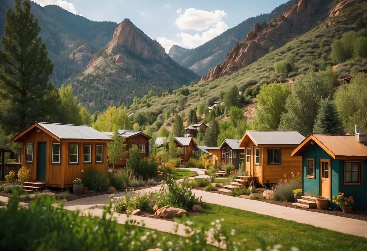 A cluster of cozy tiny homes nestled among lush greenery and towering mountains in Durango, Colorado. Community gardens, communal gathering spaces, and outdoor recreational amenities create a vibrant and sustainable lifestyle