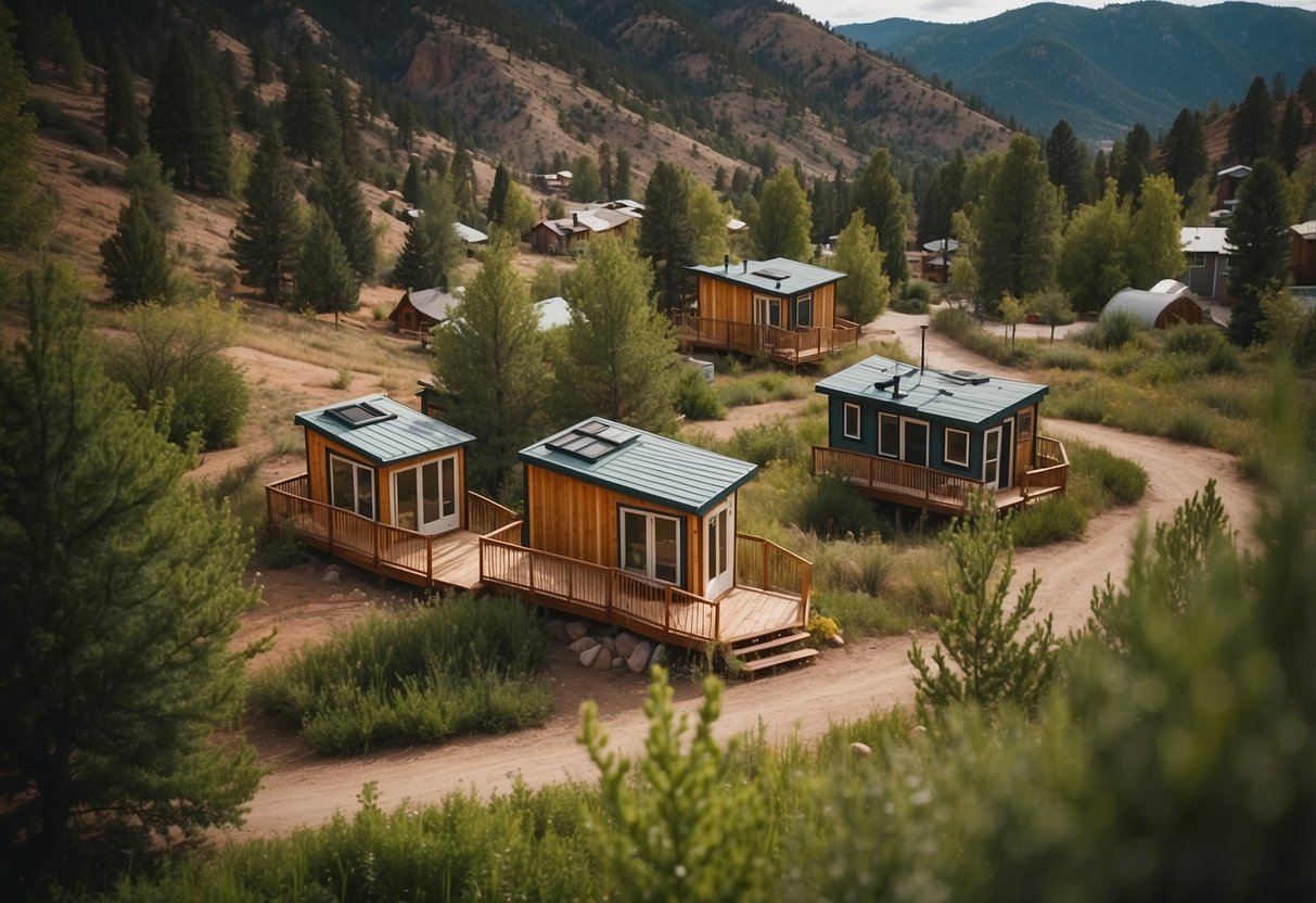 A cluster of tiny homes nestled in the picturesque mountains of Durango, Colorado, with winding paths and communal spaces for residents to enjoy