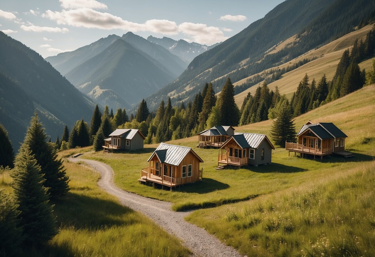 A cluster of tiny homes nestled in a picturesque valley, each with unique design features and customizable options. Surrounding mountains and lush greenery provide a tranquil backdrop