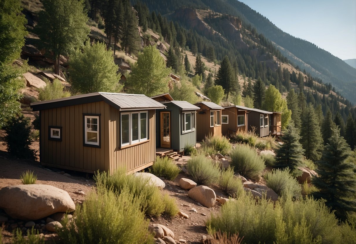 A cluster of tiny homes nestled in the picturesque mountains of Durango, Colorado, surrounded by lush greenery and a serene atmosphere