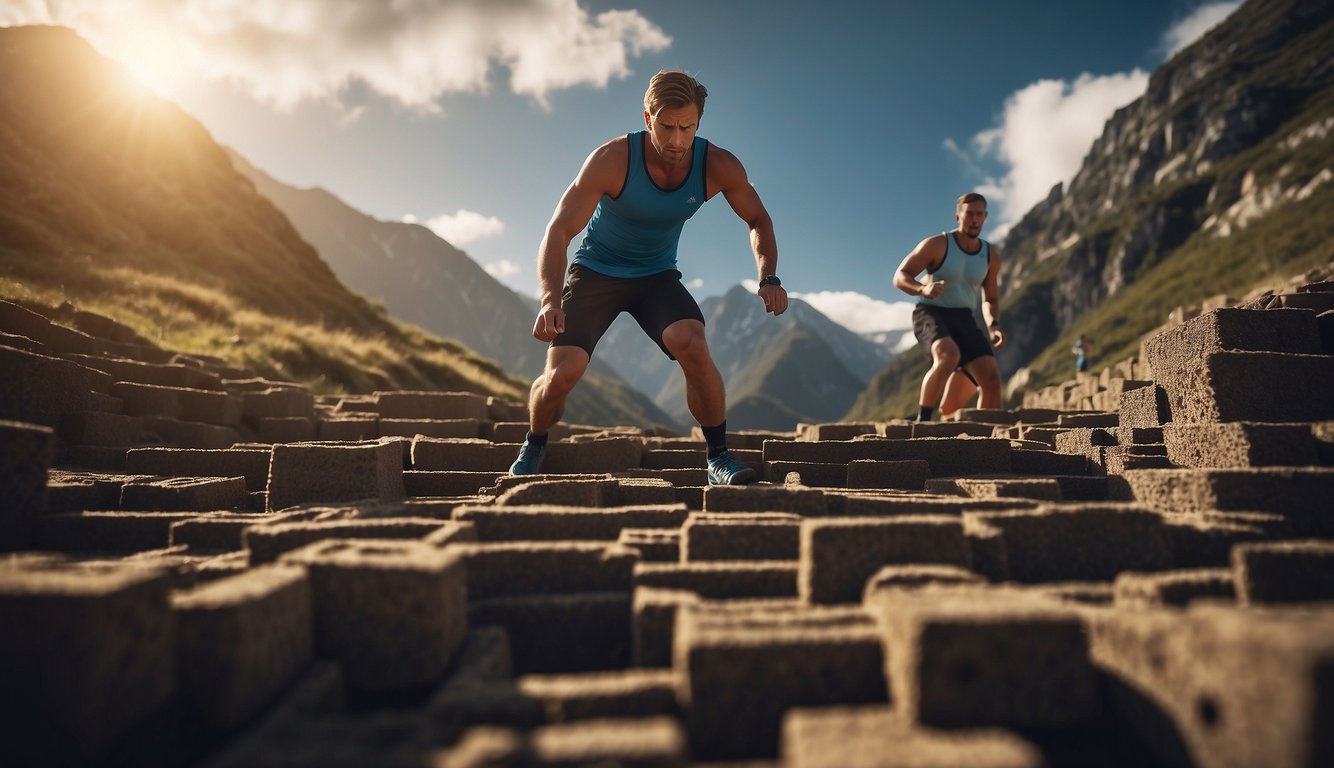 Athletes face obstacles, like a mountain to climb or a maze to navigate, symbolizing the challenges and considerations in sports