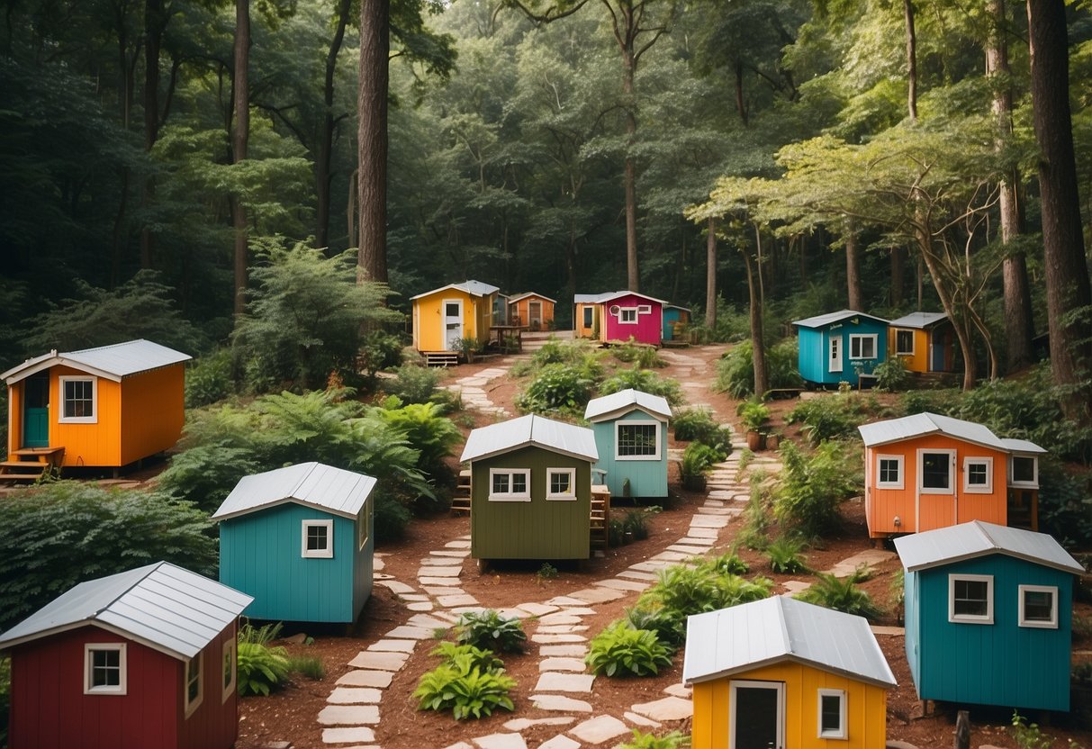 A cluster of colorful tiny homes nestled among the lush greenery of Georgia, with winding pathways and communal areas for residents to gather and socialize