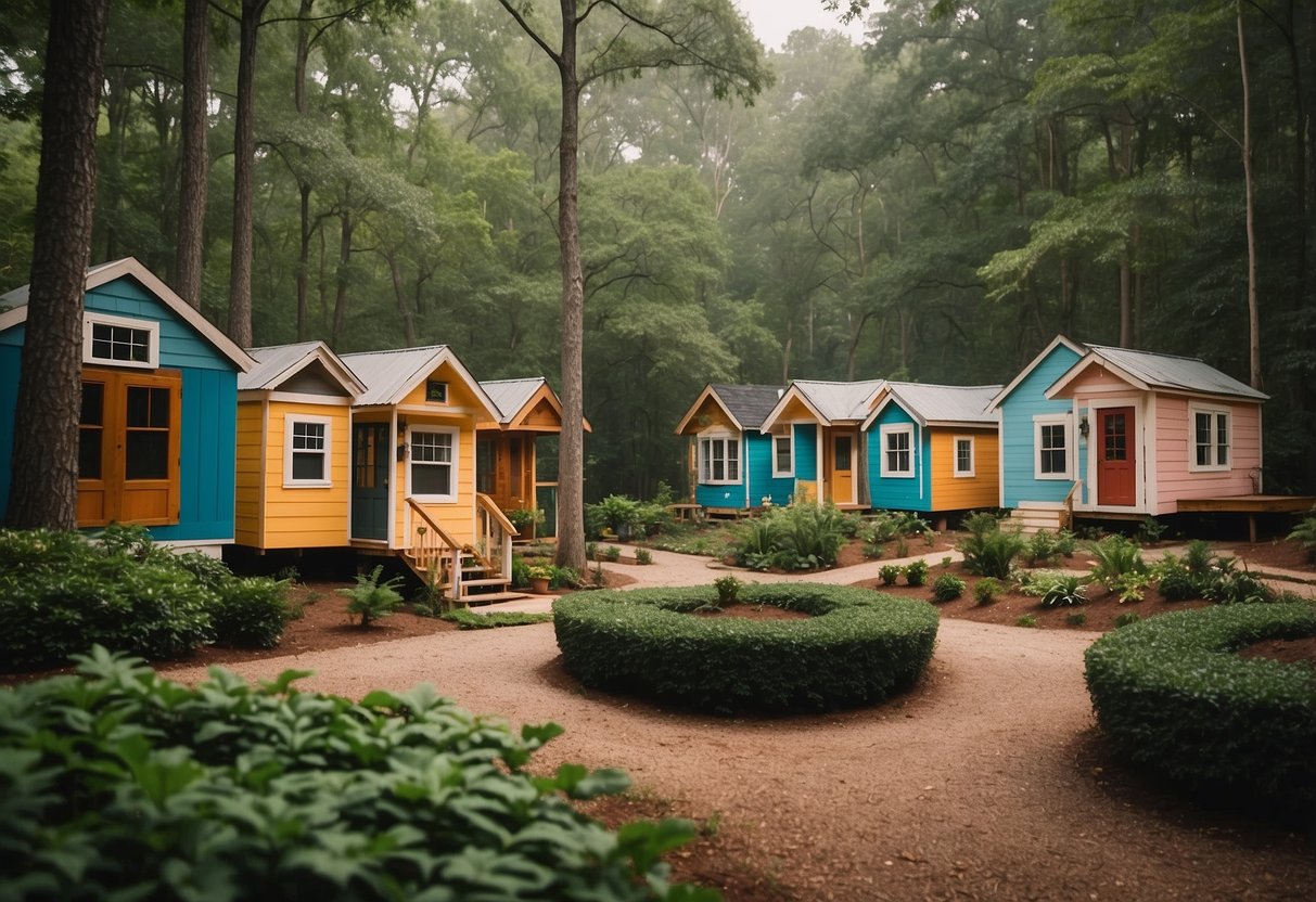 A cluster of colorful tiny homes nestled among lush trees in a serene Georgia community