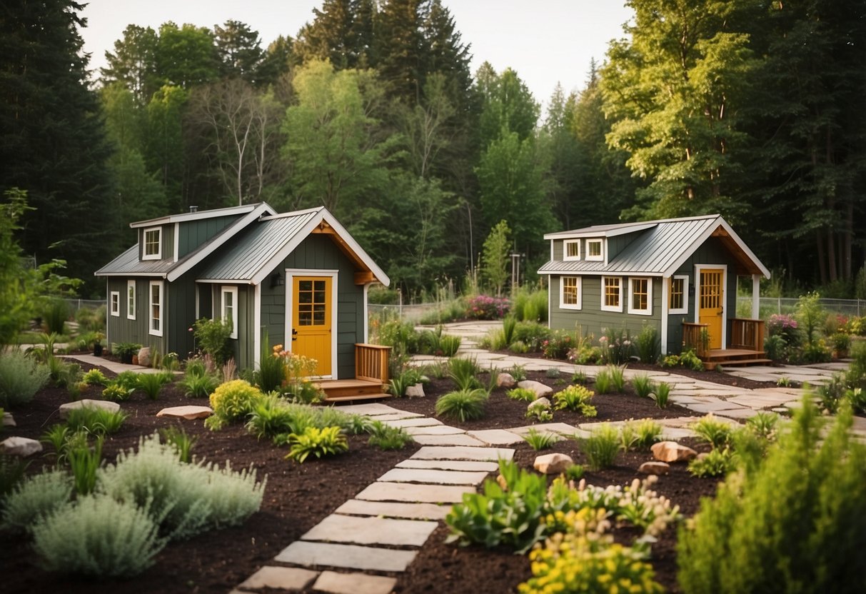 Lush green landscapes surround a cluster of charming tiny homes, each with its own unique design and color palette. Community spaces include a central garden, outdoor seating areas, and a communal fire pit, all designed to foster a sense of community and connection