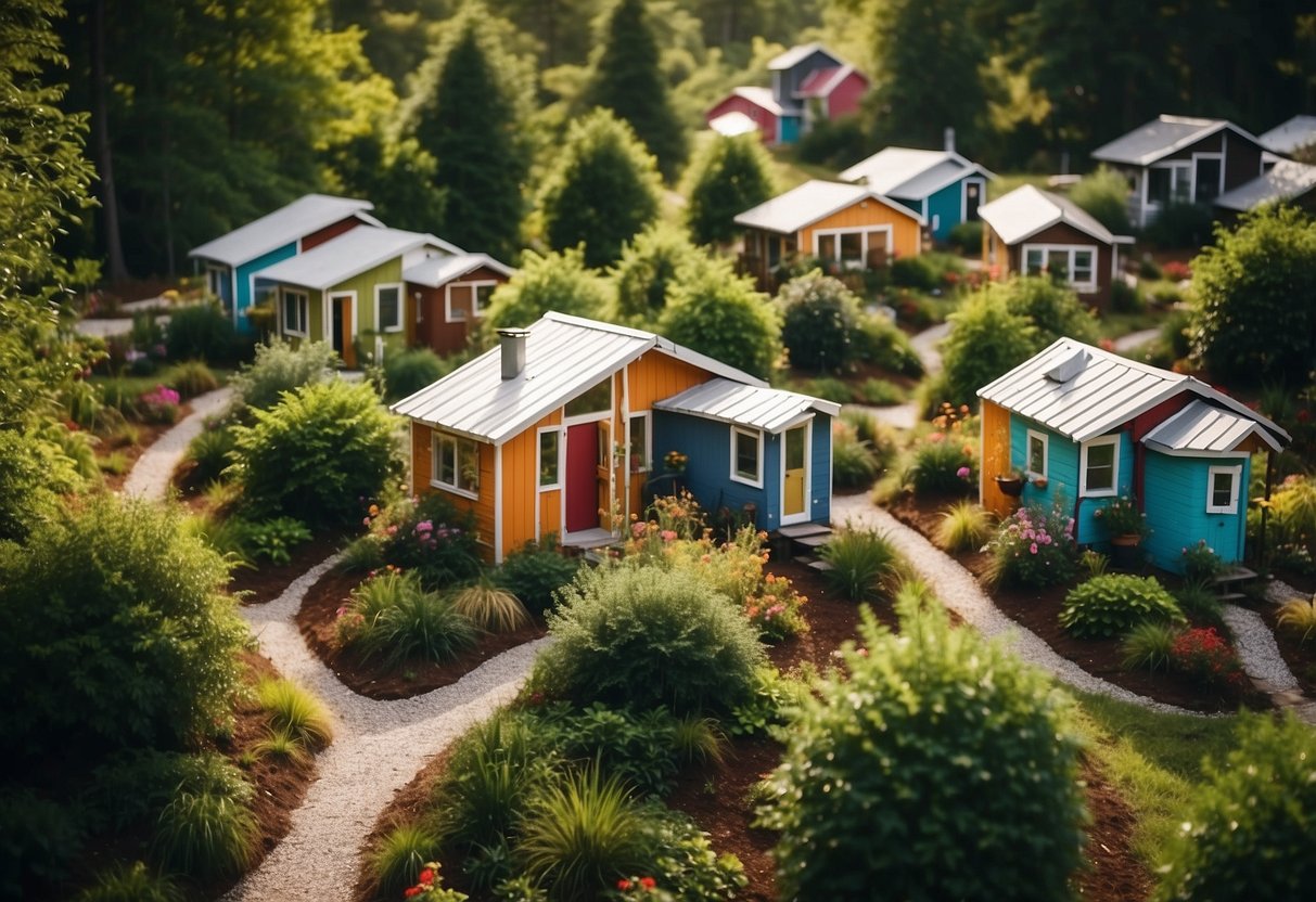 A cluster of colorful tiny homes nestled in a lush Georgia landscape, with winding pathways and communal areas for residents to enjoy