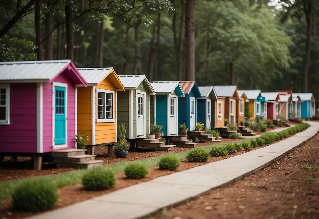 A row of colorful tiny homes nestled among trees in a peaceful Georgia community, with a central gathering area and communal gardens