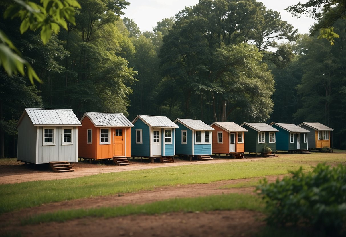 A cluster of colorful tiny homes nestled among lush green trees in a serene Georgia community