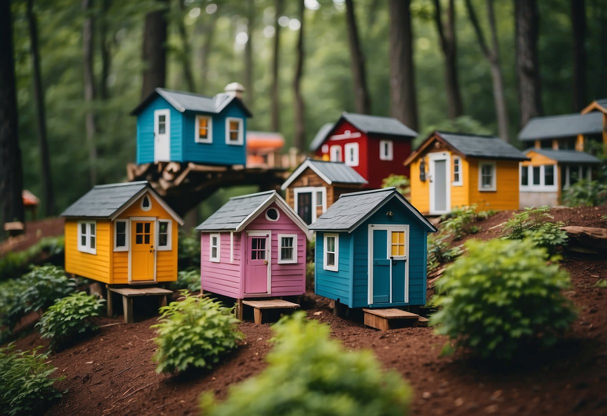 A cluster of colorful tiny homes nestled among lush trees in Flat Rock, NC