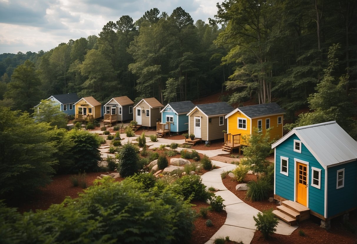 A cluster of colorful tiny homes nestled among lush trees in the serene community of Flat Rock, NC