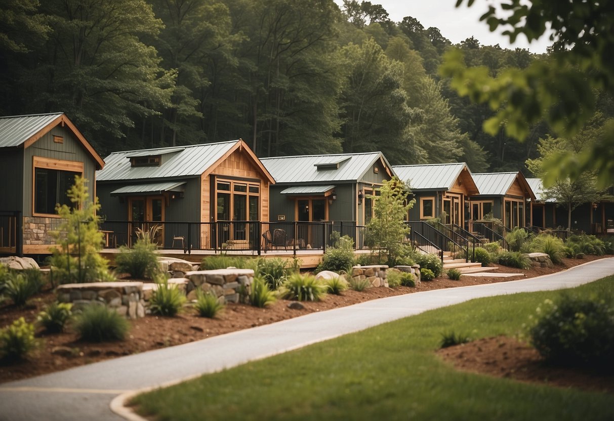 A vibrant community center surrounded by cozy tiny homes, with lush greenery and walking trails, creating a peaceful and connected lifestyle in Flat Rock, NC