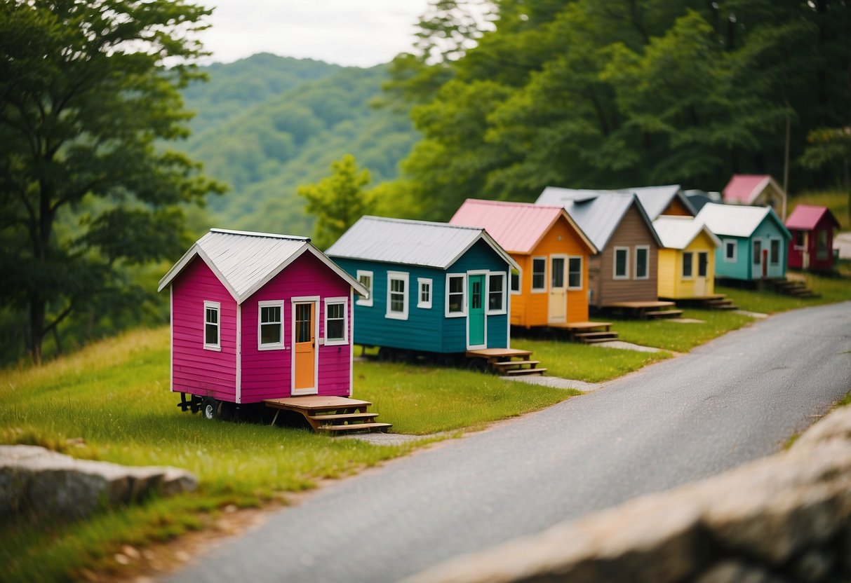 A cluster of colorful tiny homes nestled in the rolling hills of Flat Rock, NC, surrounded by lush greenery and accessible pathways