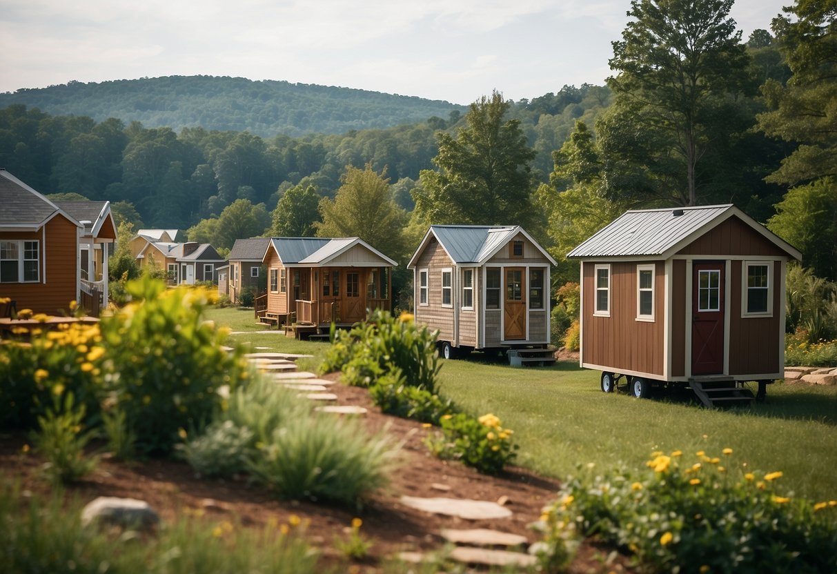 A cluster of tiny homes nestled among rolling hills in Flat Rock, NC. Community garden, communal gathering area, and small footpaths weaving through the neighborhood