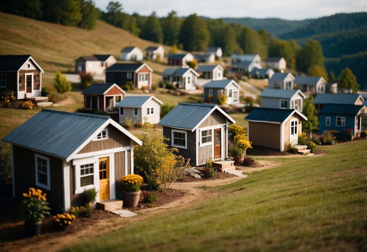 A cluster of tiny homes nestled in the rolling hills of Flat Rock, NC, with community gardens and a central gathering space