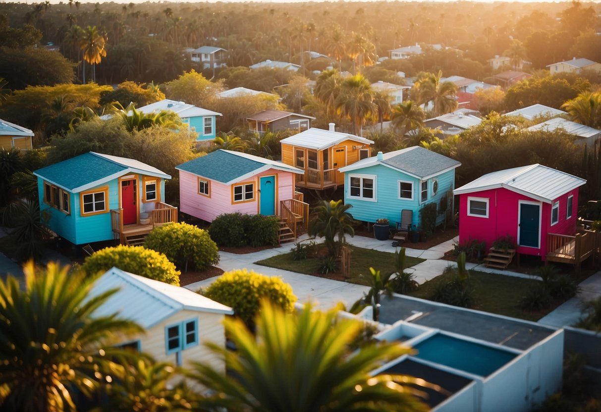 A cluster of colorful tiny homes nestled among palm trees in a sunny Florida community available for rent