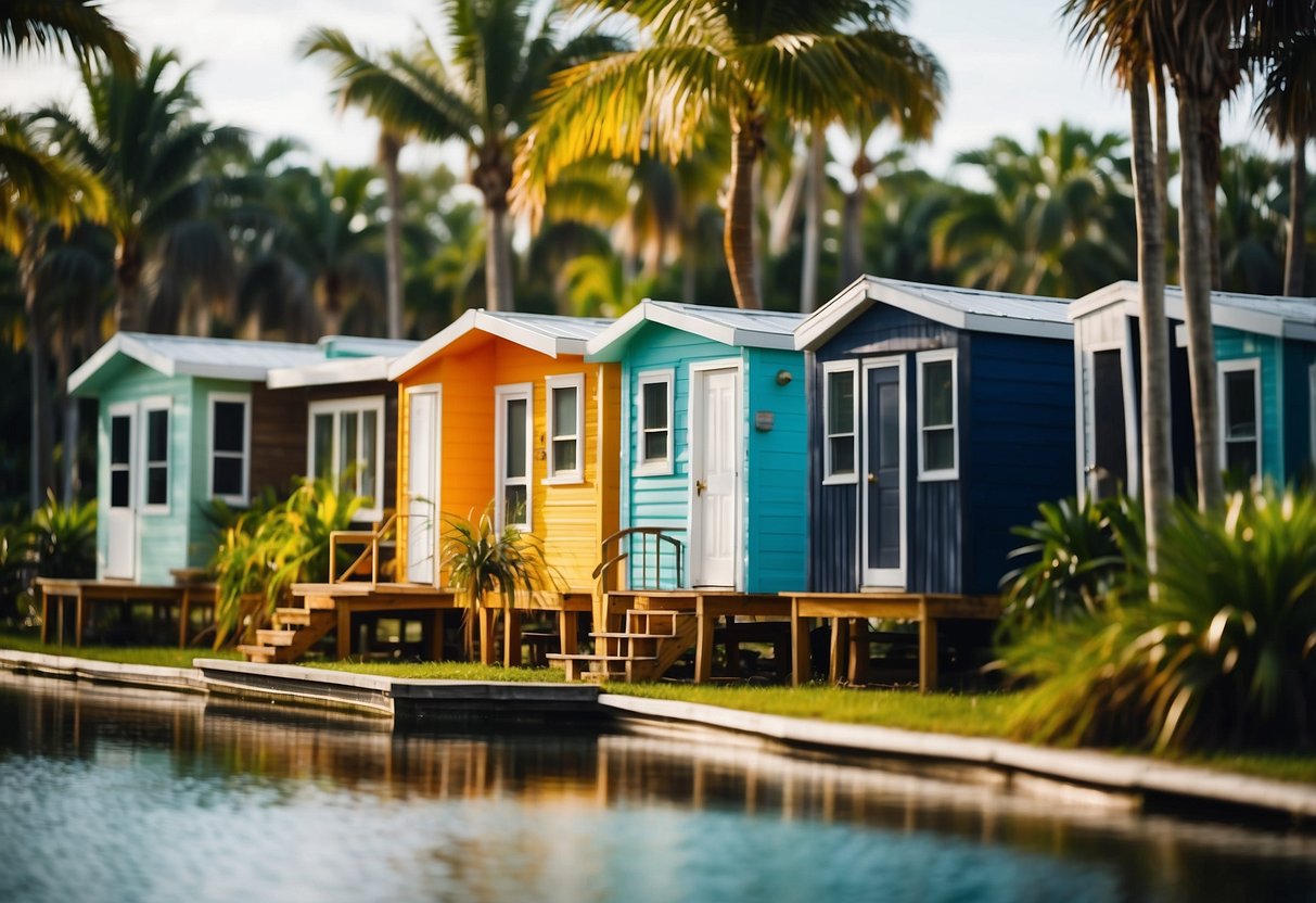 A row of colorful tiny homes nestled among lush palm trees in a Florida community, with a sparkling lake and communal gathering areas