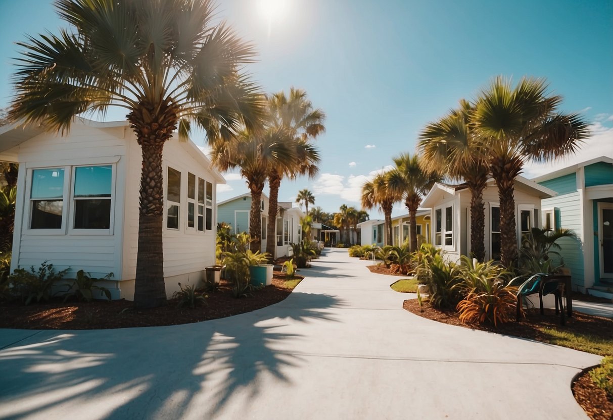 A sunny Florida tiny home community with palm trees, pool, and communal spaces for rent