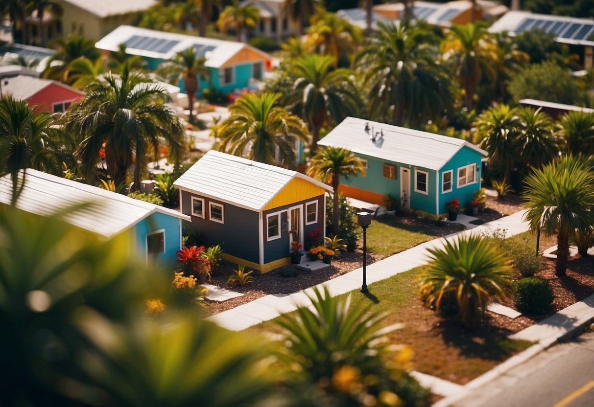 A sunny Florida landscape with colorful tiny homes nestled among palm trees, with a community garden and outdoor seating areas