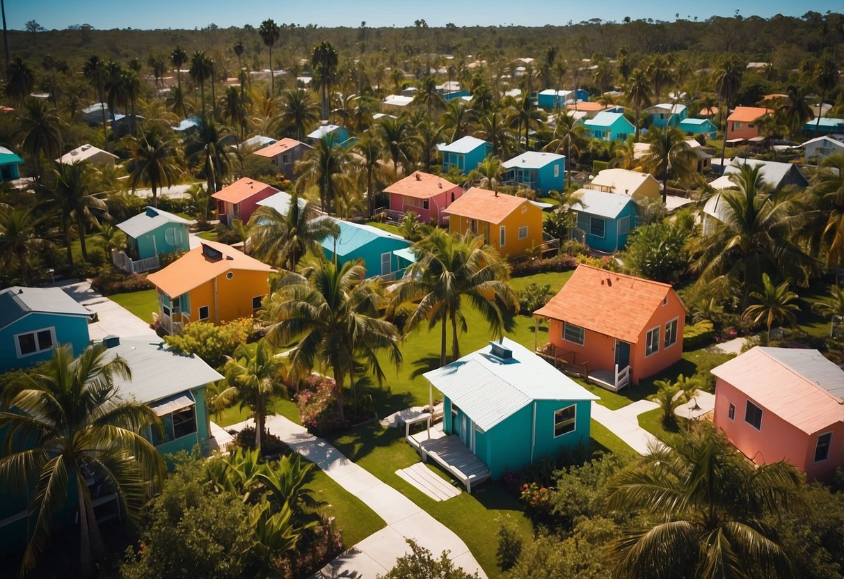 A sunny Florida landscape with rows of colorful tiny homes nestled among palm trees and lush greenery, inviting visitors to explore the vibrant community