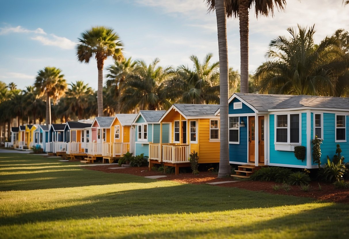 A row of colorful tiny homes nestled among palm trees in a sunny Florida community, with a sign reading "Frequently Asked Questions" displayed prominently