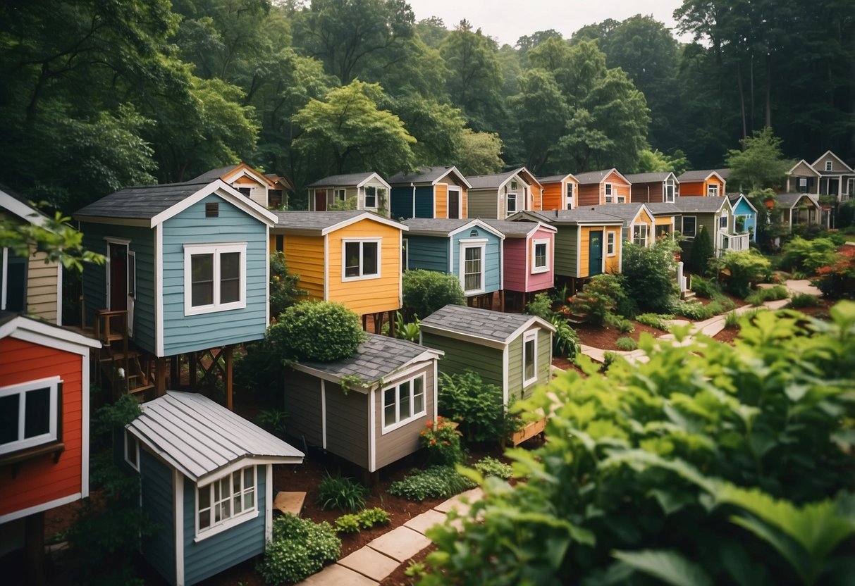 A cluster of colorful tiny homes nestled among lush greenery in an Atlanta, GA community