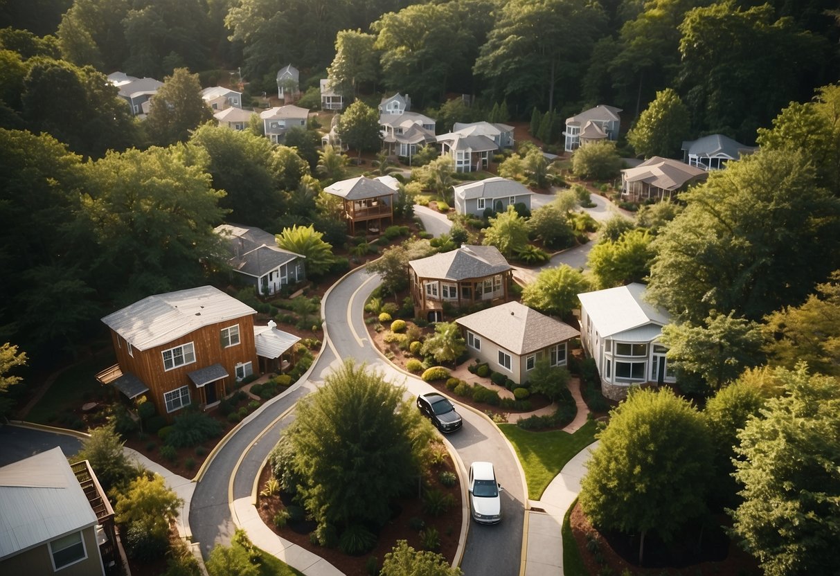 Aerial view of Atlanta's tiny home communities, nestled among lush greenery and connected by winding pathways