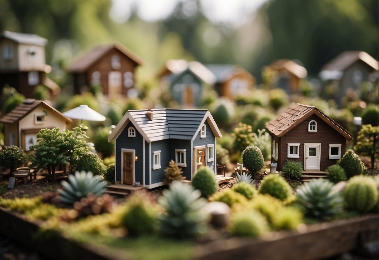 A cluster of tiny homes nestled in a wooded area, with community gardens and gathering spaces. Nearby, a bustling urban backdrop provides a contrast to the peaceful, sustainable living environment