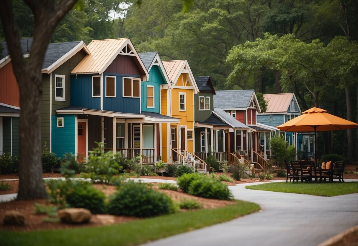 A bustling tiny home community in Atlanta, GA, with colorful houses, lush greenery, and communal amenities like a playground and picnic area