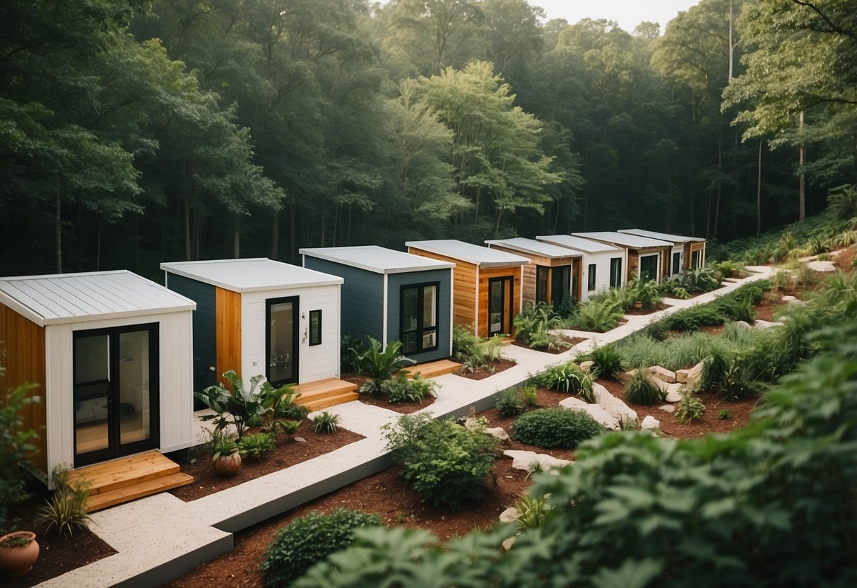 A cluster of modern tiny homes nestled among lush greenery in an Atlanta, GA community