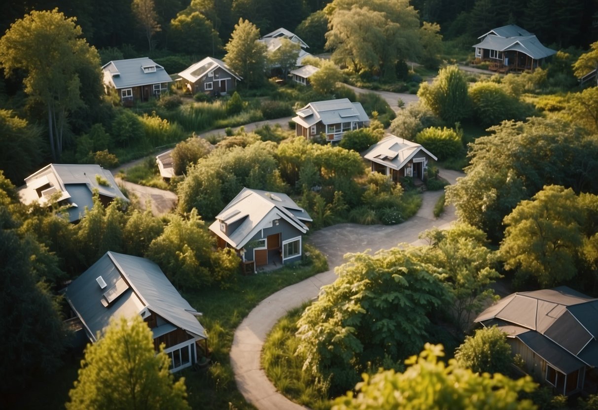 Aerial view of tiny homes nestled in a lush green community, with winding pathways and communal spaces, surrounded by trees and nature