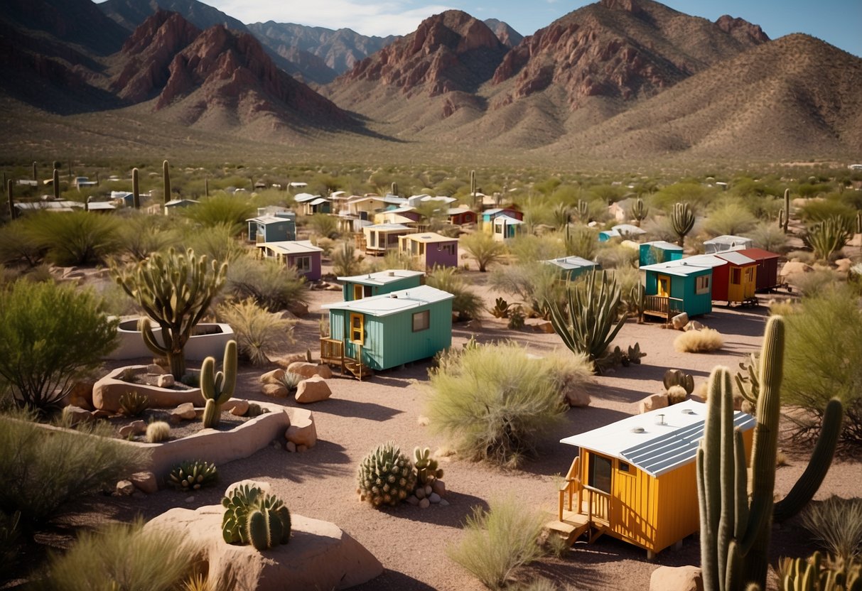 A cluster of colorful tiny homes nestled in the Arizona desert, surrounded by cacti and mountains, with communal areas and outdoor seating