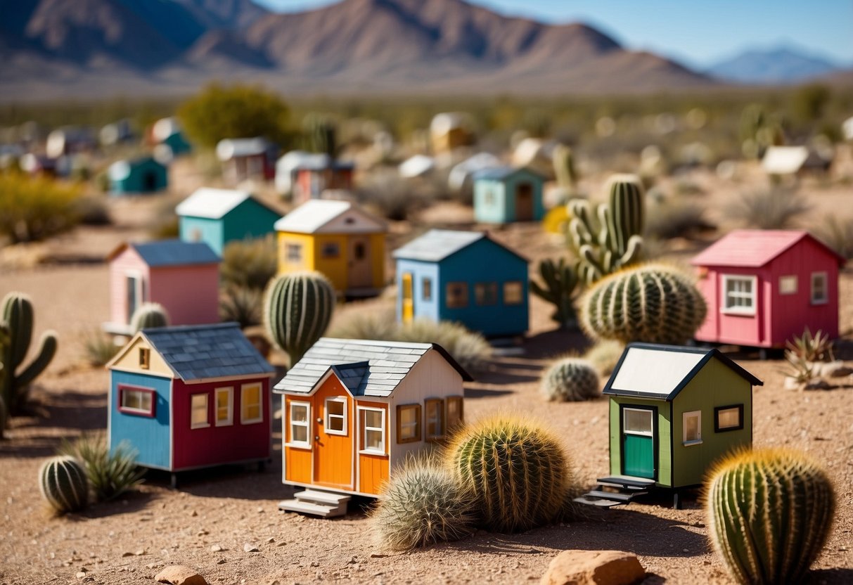 A cluster of colorful tiny homes nestled among the desert landscape of Arizona, with cacti and mountains in the background