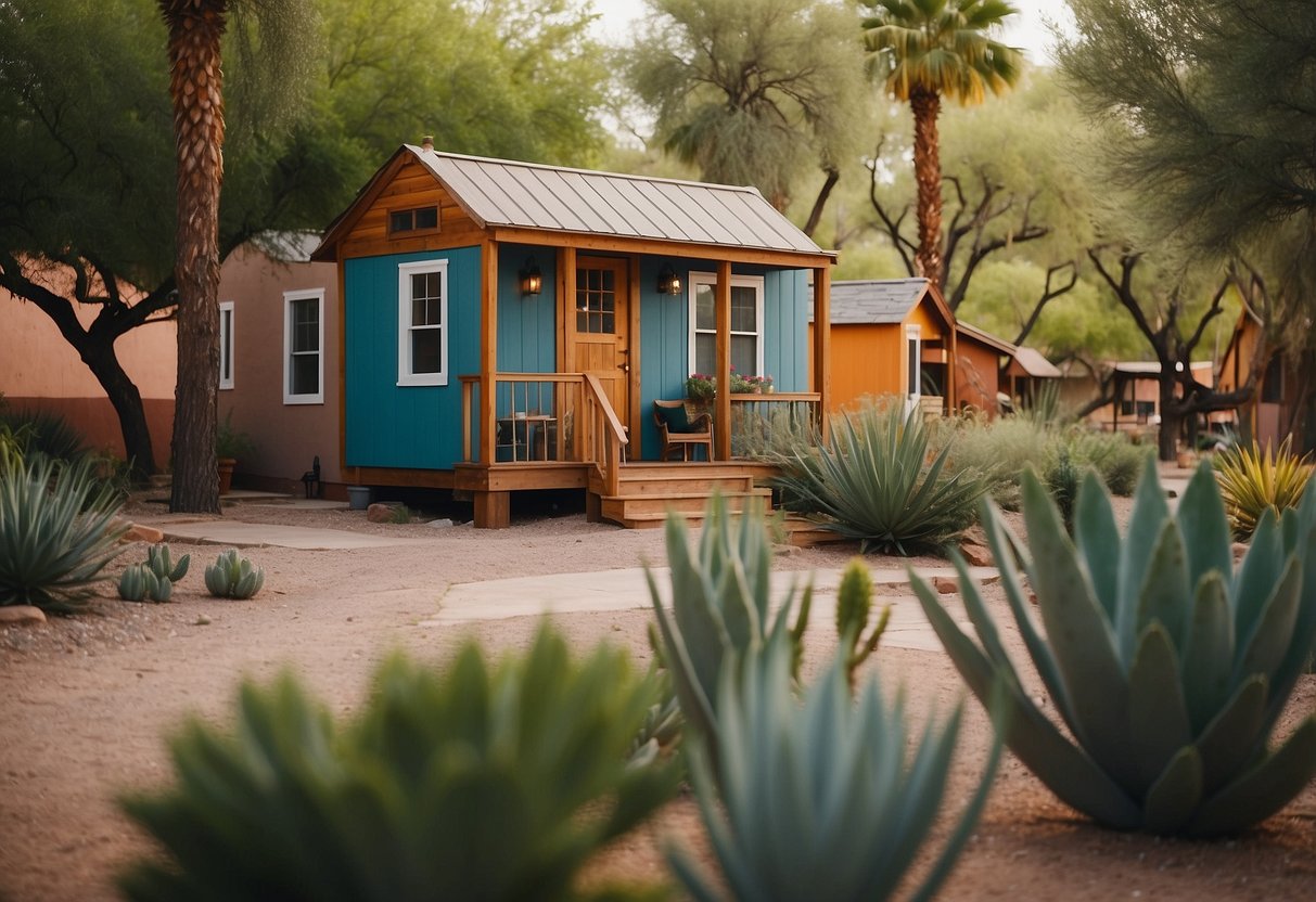 A bustling tiny home community in Arizona, with colorful houses for rent and purchase options. Lush greenery and communal spaces create a vibrant atmosphere