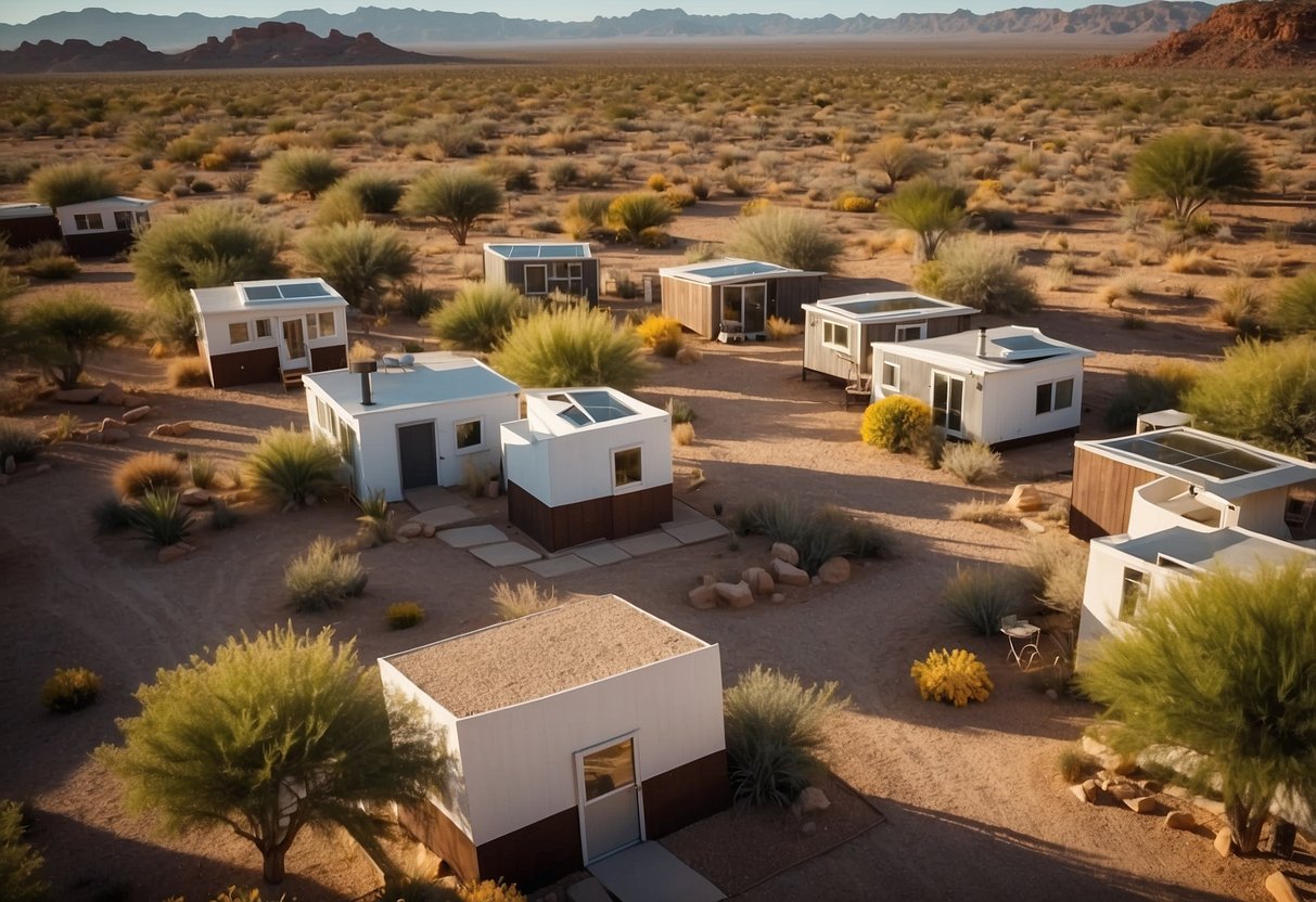 Aerial view of tiny homes nestled in a desert landscape, with communal spaces and gardens, showcasing a sense of community and sustainable living