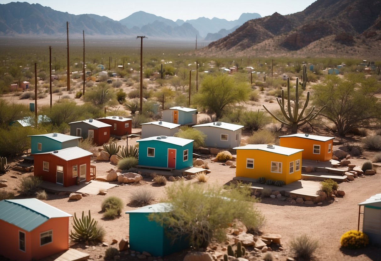 A cluster of colorful tiny homes nestled in the Arizona desert, surrounded by cacti and mountains, with communal areas for residents to gather and socialize